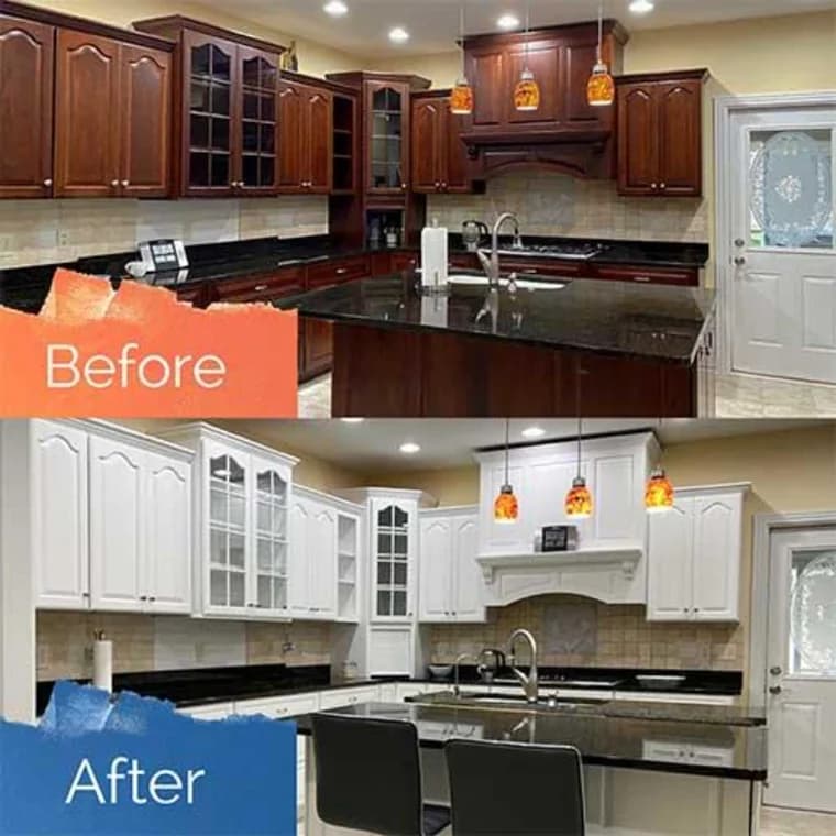 "This is an image from Painter1 of Greater North Austin, located in Texas. The before-and-after kitchen photo shows dark stained cabinets repainted in bright white with updated hardware and lighting."