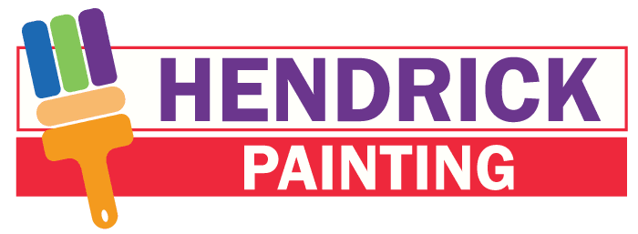 This is an image from Hendrick Painting, located in Texas. The logo for Hendrick Painting features a colorful paintbrush with green, blue, and purple bristles next to bold purple text over a red and white background.