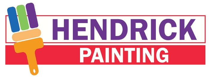 This is an image from Hendrick Painting, located in Texas. The logo for Hendrick Painting features a colorful paintbrush with green, blue, and purple bristles next to bold purple text over a red and white background.