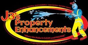 This is an image from J 3S Property Enhancements company, located inJacksonville, FL. The image is a J3’s Property Enhancements logo featuring a blue mascot spraying water, with the tagline 'Where We Make It CLEAN and PROPER!' in red and yellow text.