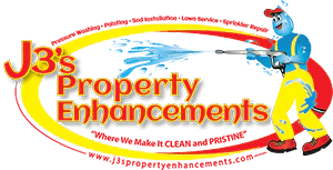 This is an image from J 3S Property Enhancements company, located inJacksonville, FL. The image is a J3’s Property Enhancements logo featuring a blue mascot spraying water, with the tagline 'Where We Make It CLEAN and PROPER!' in red and yellow text.