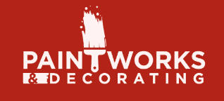 This is an image from Paintworks & Decorating, located in New York. The logo for Paintworks & Decorating features bold white text on a red background with a paintbrush graphic forming the letter T.
