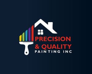 This is an image from Precision & Quality Painting Inc, located in California. The logo for Precision & Quality Painting features a stylized house roof and paintbrush graphic with multicolored bars and bold company lettering on a dark background.