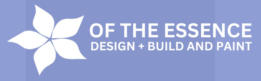This is an image from Of The Essence Design + Build and Paint, located in North Carolina. The logo for Of The Essence Design + Build and Paint features a white five-petal flower icon beside the company name in bold white text on a lavender background.