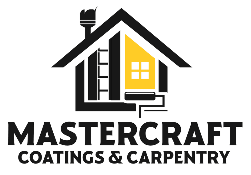 This is an image from MasterCraft Coatings & Carpentry, located in Michigan. The logo for MasterCraft Coatings & Carpentry features a stylized house outline with a paintbrush chimney, ladder, and paint roller forming part of the structure with a yellow window accent.