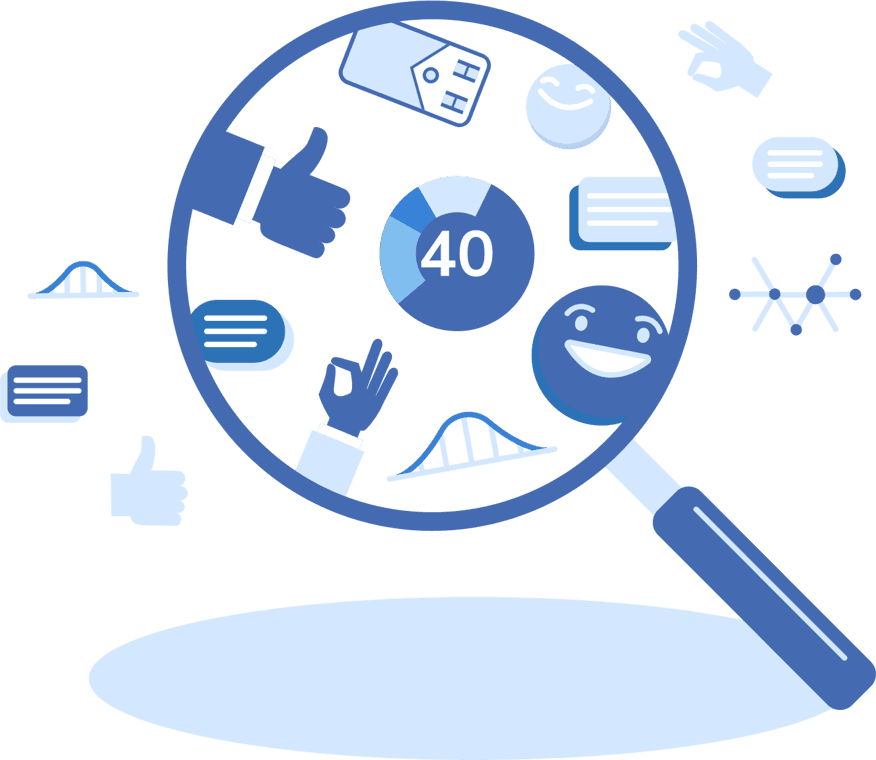 Review quality and engagement score visualized with a magnifying glass focusing on a score of 40, surrounded by icons of positive feedback, bridges, data charts, and customer reviews