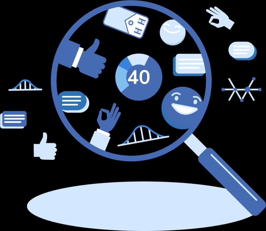 Review quality and engagement score visualized with a magnifying glass focusing on a score of 40, surrounded by icons of positive feedback, bridges, data charts, and customer reviews