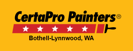 This is an image from CertaPro Painters of Bothell-Lynnwood, located in Washington. The logo for CertaPro Painters of Bothell-Lynnwood features bold black text over a yellow background with a red stripe, white stars, and a paint roller graphic.