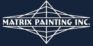 This is an image from Matrix Painting Inc., located in North Carolina. The logo for Matrix Painting Inc. features white geometric linework forming a symmetrical diamond shape on a dark blue background with the company name in bold white lettering.