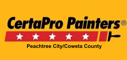This is an image from CertaPro Painters, located in Georgia. The logo for CertaPro Painters features bold black text on a yellow background with a red banner of five white stars and a paint roller graphic, representing their Peachtree City/Coweta County location.
