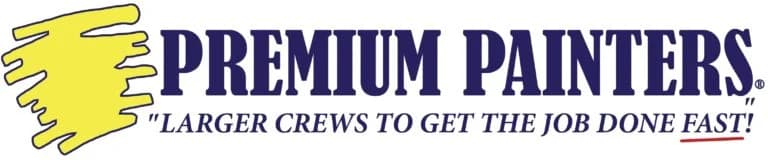 This is an image from Premium Painters of Naples, located in Florida. The logo for Premium Painters of Naples features bold navy blue text with a yellow paint brush stroke graphic and the slogan 'Larger Crews to Get the Job Done Fast.