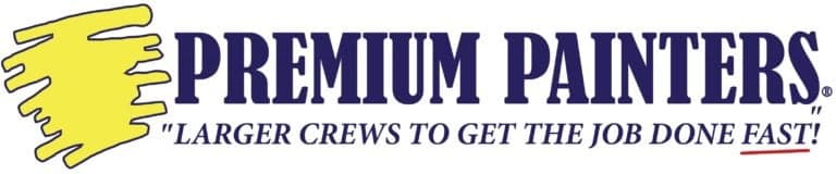 This is an image from Premium Painters of Naples, located in Florida. The logo for Premium Painters of Naples features bold navy blue text with a yellow paint brush stroke graphic and the slogan 'Larger Crews to Get the Job Done Fast.