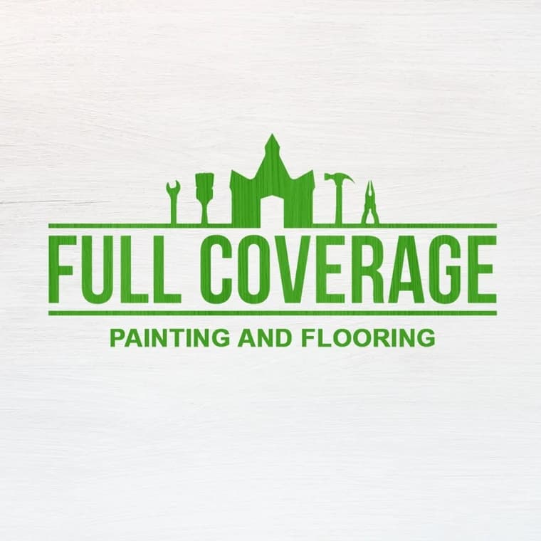 This is an image from Full Coverage Painting and Flooring, located in Georgia. The logo for Full Coverage Painting and Flooring features green text with a house silhouette and painting, flooring, and tool icons above the company name.