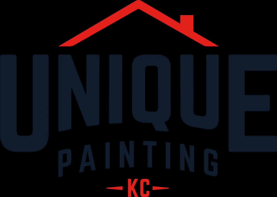 This is an image from Unique Painting KC, located in Missouri. The logo for Unique Painting KC features bold navy lettering with a red roofline graphic above the company name and red “KC” text centered below, representing a professional residential and commercial painting brand.