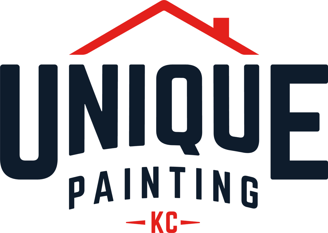 This is an image from Unique Painting KC, located in Missouri. The logo for Unique Painting KC features bold navy lettering with a red roofline graphic above the company name and red “KC” text centered below, representing a professional residential and commercial painting brand.