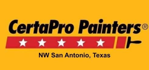 "This is an image from CertaPro Painters of NW San Antonio, located in Texas. The logo for CertaPro Painters features bold black text with a red banner of white stars and a paint-roller graphic on a yellow background."