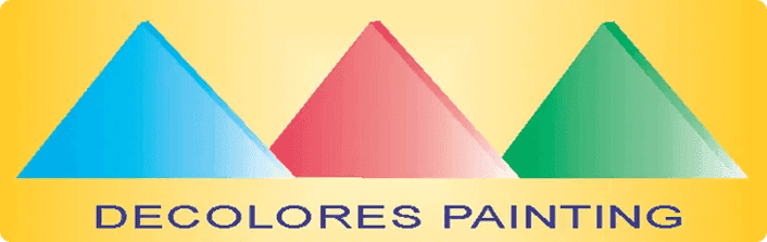This is the logo of Decolores Painting. It features three triangular shapes in blue, red, and green with the company name displayed below on a yellow background.