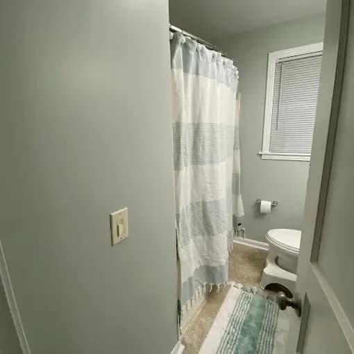 Painting work by Nashville Painting Company - Brentwood in Brentwood, Tennessee. The image shows a compact gray bathroom with white fixtures.