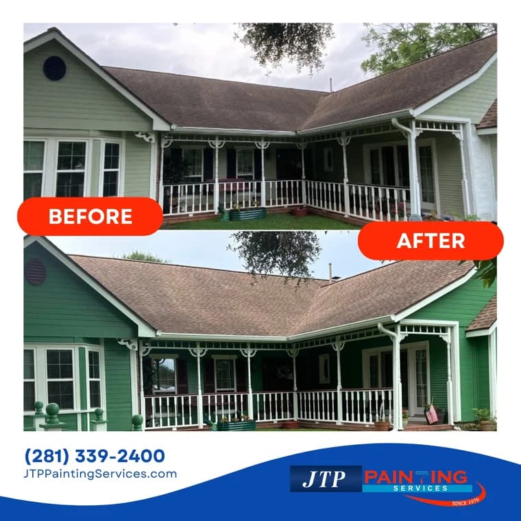 This is an image from JTP Painting Services, located in Texas. The before-and-after exterior comparison shows a house updated from a faded light green finish to a deeper green exterior with crisp white trim.