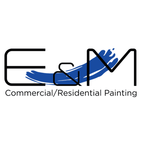 "This is an image from E & M Commercial/Residential Painting LLC, located in Texas. The logo for E & M Commercial/Residential Painting LLC features modern black lettering with a blue paint stroke running behind the initials."