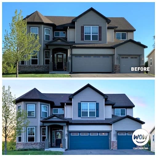 Exterior painting project by WOW 1 DAY PAINTING Asheville in Asheville, NC. The image shows a two-story home with blue siding, dark shutters, front entry, and garage.