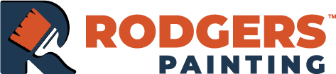 This is an image from Rodgers Painting, located in Kentucky. The logo for Rodgers Painting features a bold orange paint roller inside a navy blue letter R, with the company name 'Rodgers Painting' in strong orange and blue text.