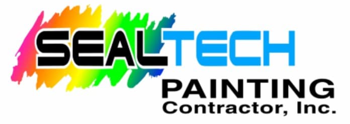 This is an image from SealTech Painting Contractor, Inc., located in Florida. The logo for SealTech Painting Contractor, Inc. features bold black and blue text over a multicolor paint stroke background.