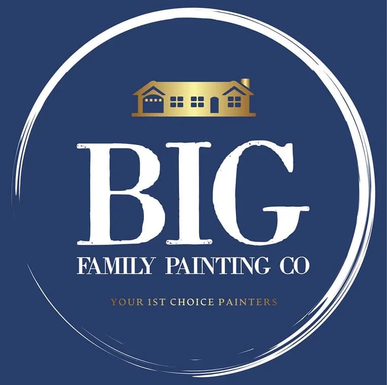 This is an image from Big Family Painting Co  company, located in Boca Raton, FL. The image is a Big Family Painting Co logo featuring a gold house icon above bold white text on a navy blue background with the slogan 'Your 1st Choice Painters'.