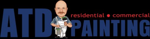 This is an image from ATD Painting, located in Texas. The logo for ATD Painting features a cartoon painter holding a brush and paint can, alongside bold blue text and a red tagline indicating residential and commercial services.