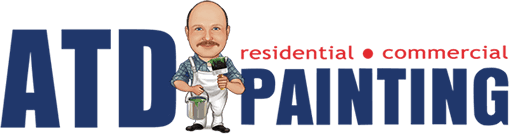 This is an image from ATD Painting, located in Texas. The logo for ATD Painting features a cartoon painter holding a brush and paint can, alongside bold blue text and a red tagline indicating residential and commercial services.
