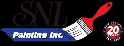 This is an image from SNL Painting Inc, located in Missouri. The logo for SNL Painting Inc features bold lettering with a red and white paintbrush graphic over a blue banner, along with a circular emblem marking 20 years in business.
