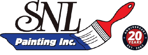 This is an image from SNL Painting Inc, located in Missouri. The logo for SNL Painting Inc features bold lettering with a red and white paintbrush graphic over a blue banner, along with a circular emblem marking 20 years in business.