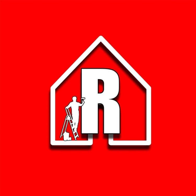 "This is an image from Reeves Painting, located in Texas. The logo for Reeves Painting features a bold white letter 'R' inside a house outline with a silhouette of a painter on a ladder against a solid red background."