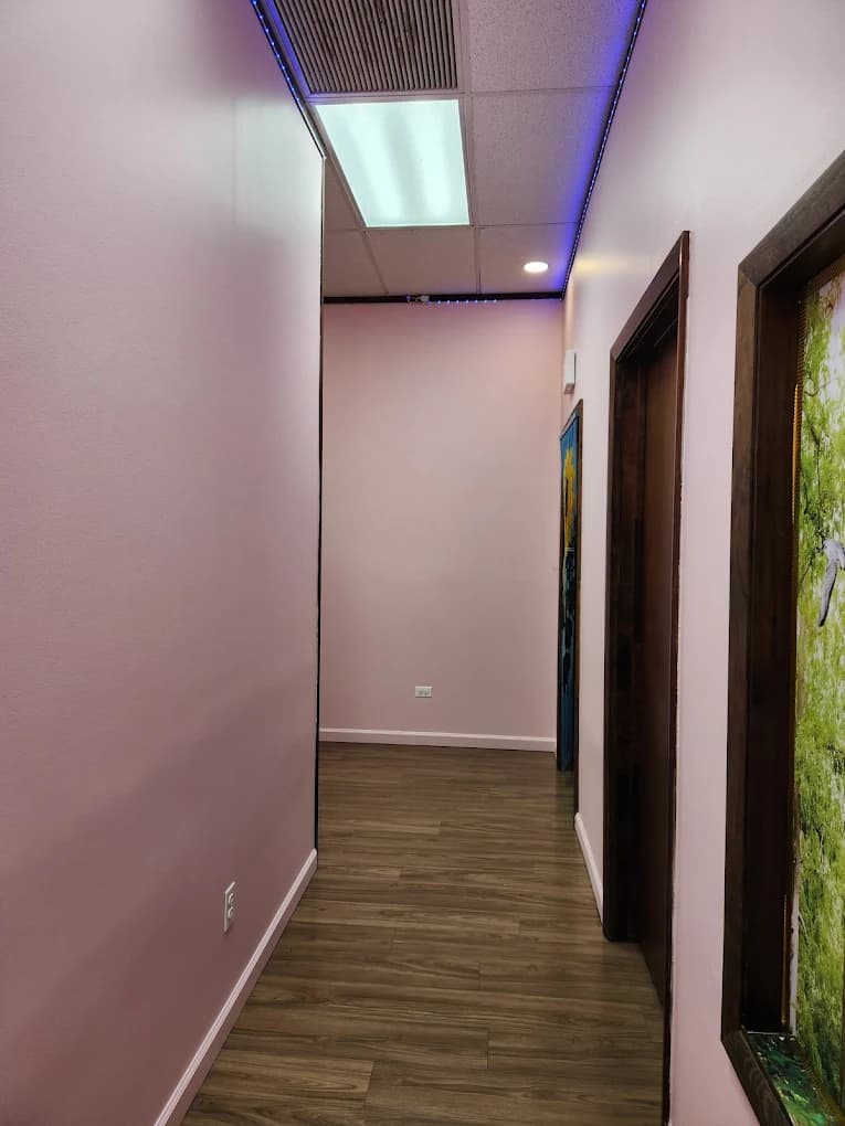This is an image from Angel the Painter Inc., located in Illinois. The image shows an interior hallway with soft pink painted walls, wood trim accents, LED ceiling lighting, and wood-look flooring.