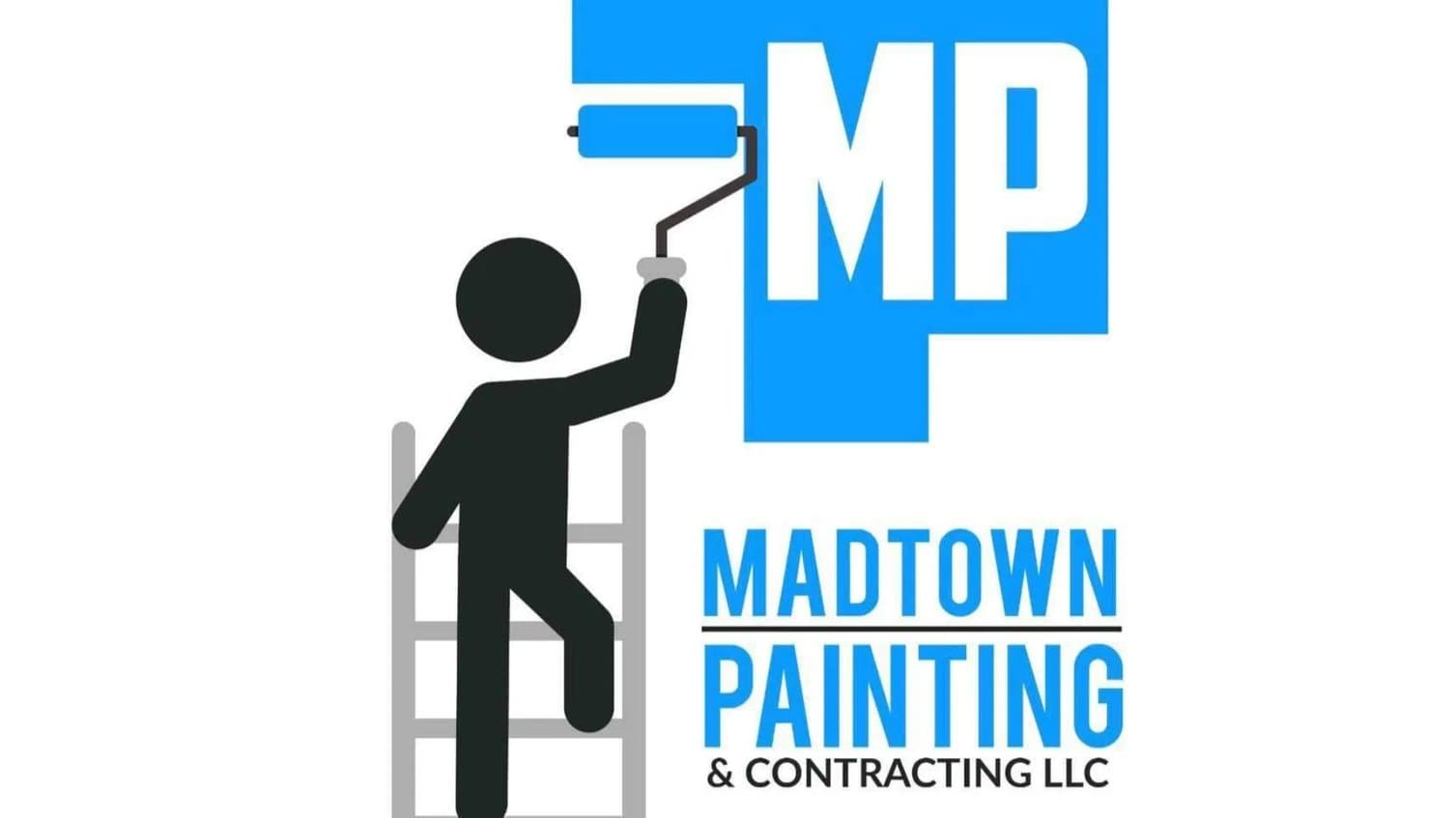 This is an image from Madtown Painting & Contracting LLC, located in Wisconsin. The image shows the logo for Madtown Painting & Contracting LLC featuring a painter figure on a ladder using a paint roller alongside bold blue “MP” lettering and the company name in clean, modern text.