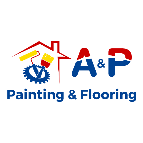 This is an image from A&P Painting & Flooring, located in Georgia. The logo for A&P Painting & Flooring features bold blue and red lettering alongside a red house outline with a yellow paint roller and brush, representing the company's painting and flooring services.