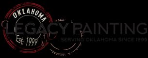 This is an image from Legacy Painting, located in Edmond, Oklahoma. The logo for Legacy Painting features bold black text with a circular stamp design in red and tan, highlighting 'Oklahoma Est. 1999' and the tagline 'Serving Oklahoma Since 1999.