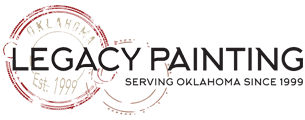 This is an image from Legacy Painting, located in Edmond, Oklahoma. The logo for Legacy Painting features bold black text with a circular stamp design in red and tan, highlighting 'Oklahoma Est. 1999' and the tagline 'Serving Oklahoma Since 1999.