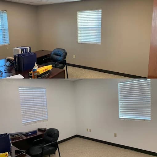 This is an image from Five Star Painting, showing a before-and-after comparison of a painted office space. The walls transition from beige to a clean white, brightening the room and giving it a more professional appearance.