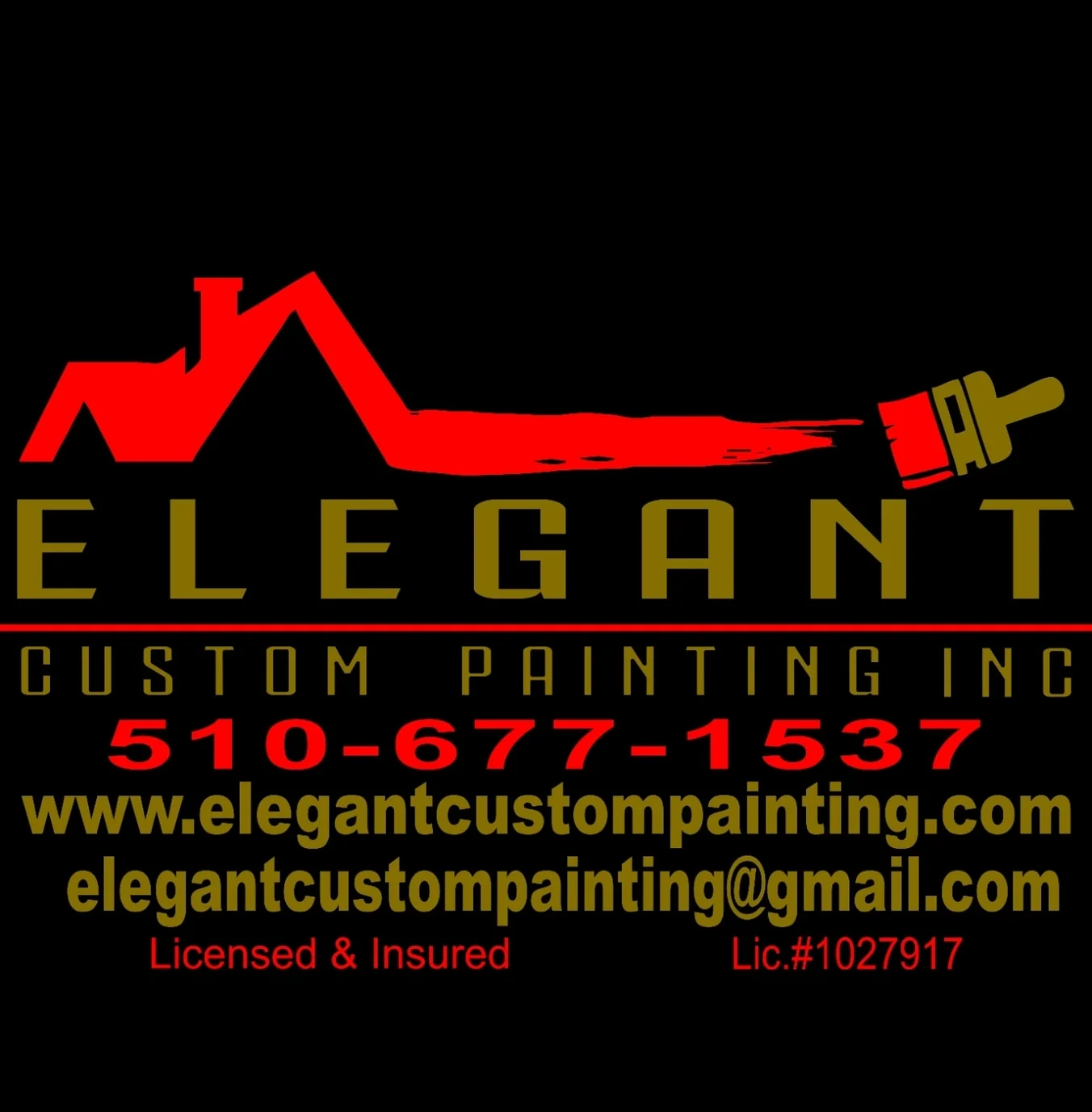 This is an image from Elegant Custom Painting Inc., located in California. This is the logo for Elegant Custom Painting Inc., a painting contractor based in California. The logo features a stylized red roofline and paintbrush graphic with bold lettering, along with the company’s name, contact information, and licensed and insured designation.