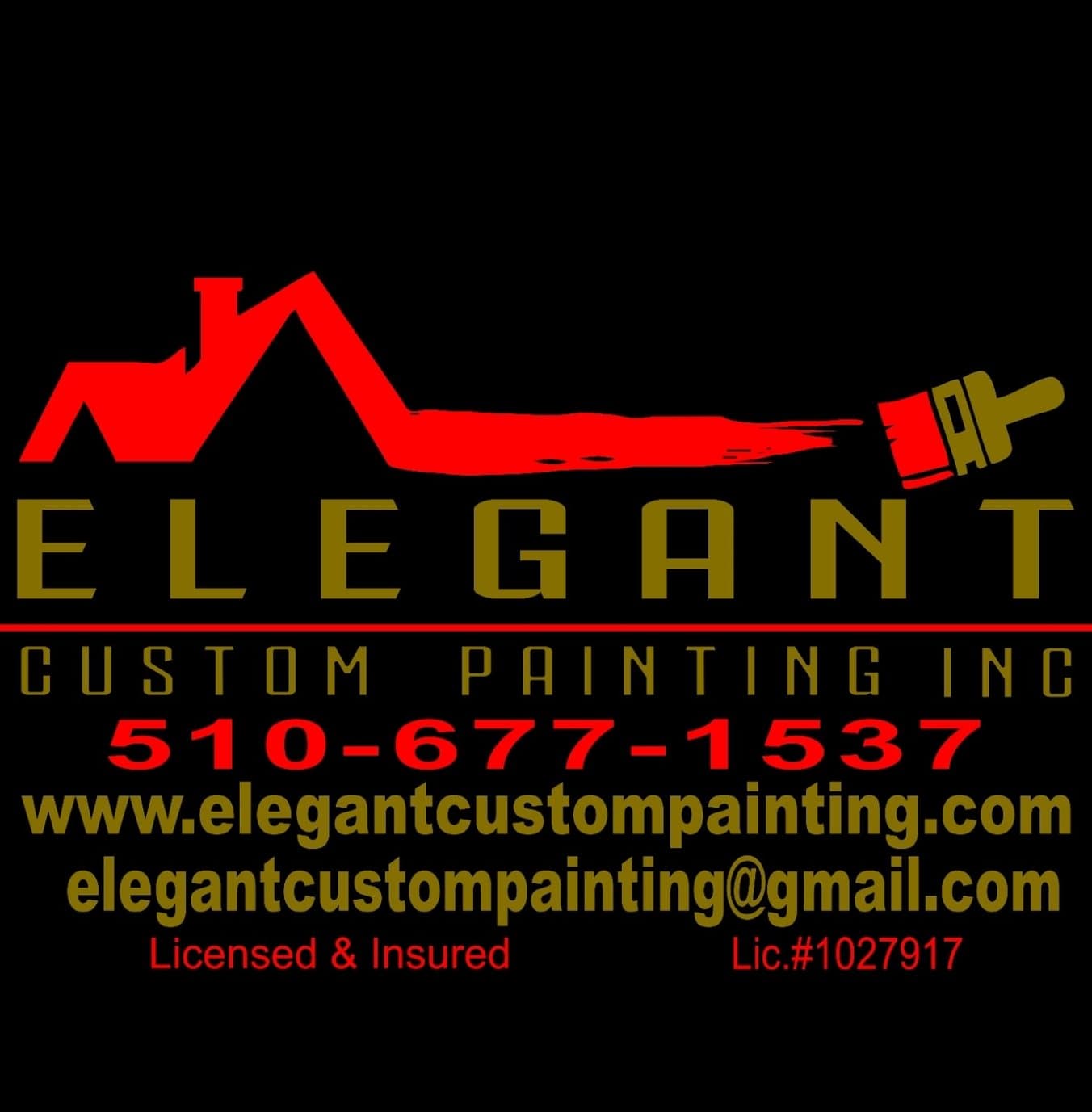 This is an image from Elegant Custom Painting Inc., located in California. This is the logo for Elegant Custom Painting Inc., a painting contractor based in California. The logo features a stylized red roofline and paintbrush graphic with bold lettering, along with the company’s name, contact information, and licensed and insured designation.
