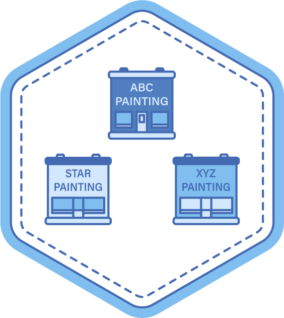 Icon showing three painting company storefronts, representing researching local painters