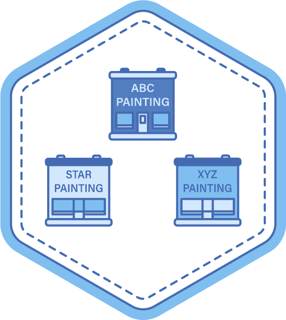 Icon showing three painting company storefronts labeled ABC Painting, Star Painting, and XYZ Painting, representing comparison of local painters