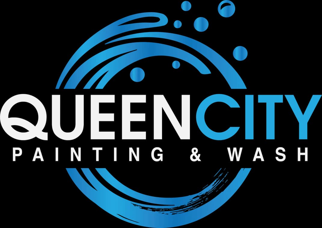 This is an image from Queen City Painting & Wash, located in Ohio. The logo for Queen City Painting & Wash features bold white and blue lettering surrounded by a circular blue paint-stroke design with droplets.