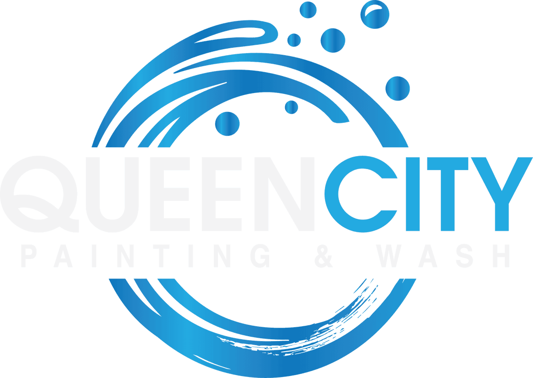 This is an image from Queen City Painting & Wash, located in Ohio. The logo for Queen City Painting & Wash features bold white and blue lettering surrounded by a circular blue paint-stroke design with droplets.
