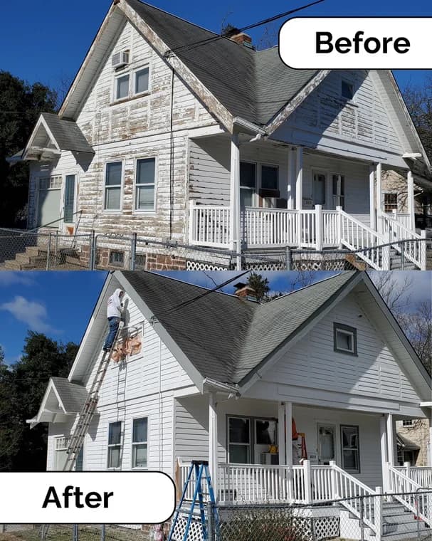 This image shows a house exterior before and after painting. The top photo shows weathered, peeling white paint, while the bottom photo shows a fresh coat of bright white paint applied to the siding and trim.