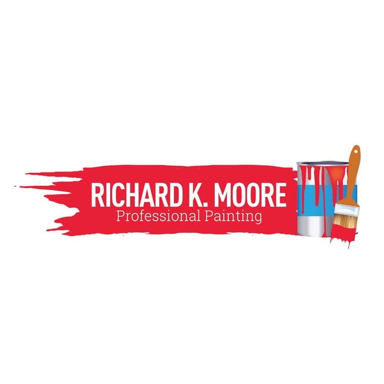 Logo for Richard K. Moore Professional Painting. The design features a bold red paint stroke background with white lettering, a paint can, and a brush dripping red paint.