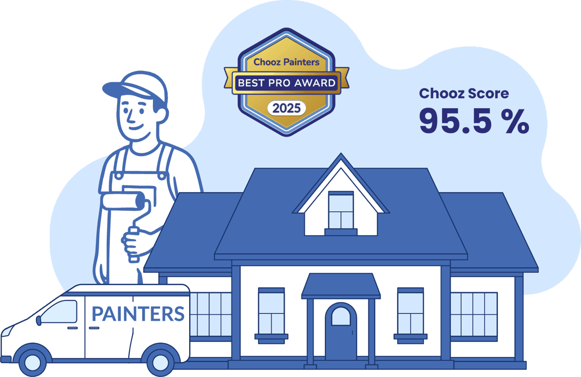 Illustration of Chooz Painters with a painter, house, work van, 95.5% Chooz Score, and 2025 Best Pro Award badge