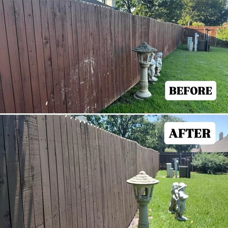This is an image from Alliance Painting, located in Texas. The before-and-after fence photo shows a restored wooden fence with a fresh, even stain replacing the worn and discolored surface.
