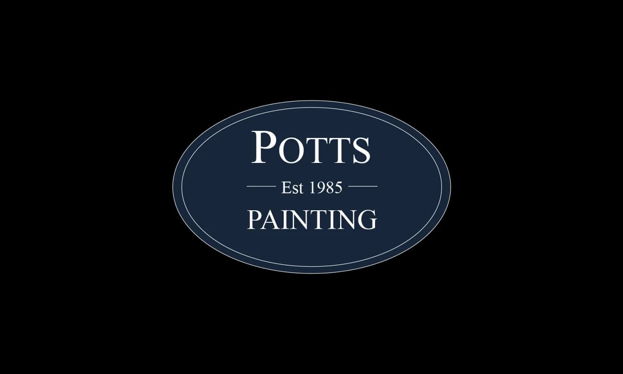 This is an image from Potts Painting, located in Washington. The logo for Potts Painting features white serif lettering inside a navy blue oval with thin white border lines and the text Est 1985.